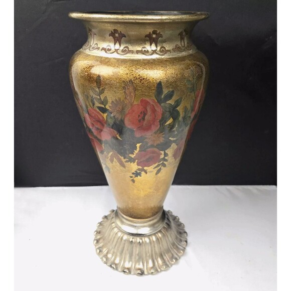 Vintage Gold Tung Chi Metal Floral Vase Hand Painted Pedestal Base Large 11.5"